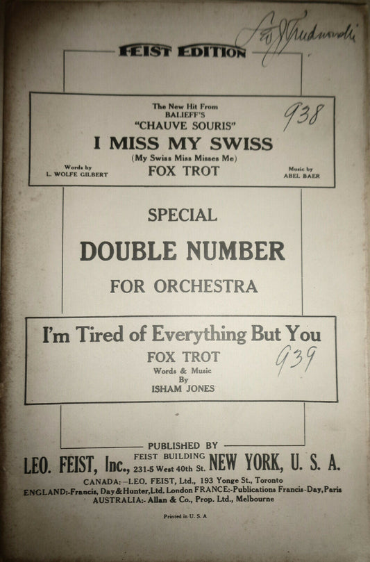 I Miss My Swiss + I'm Tired of Everything But You - 1925 for orchestra. Double #