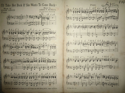 I'll Take Her Back If She Wants To Come Back / Titina - 1925 for orchestra