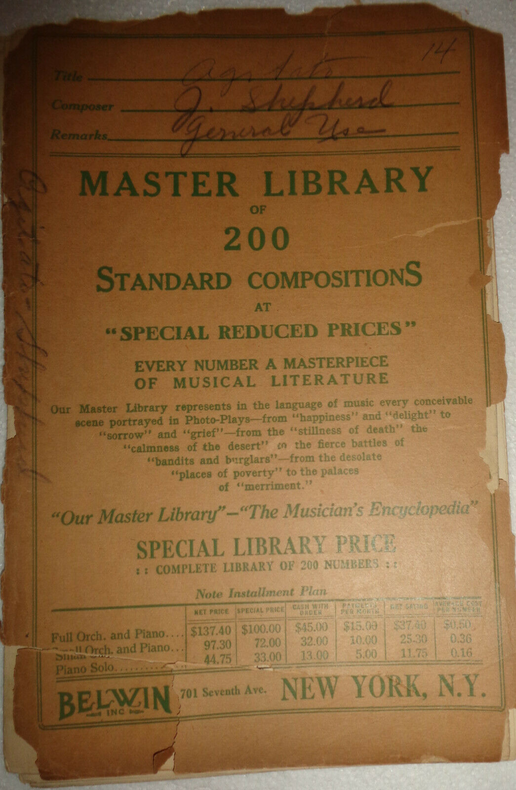 AGITATO (FOR GENERAL USE), by John Shepherd - 1917, orchestra score