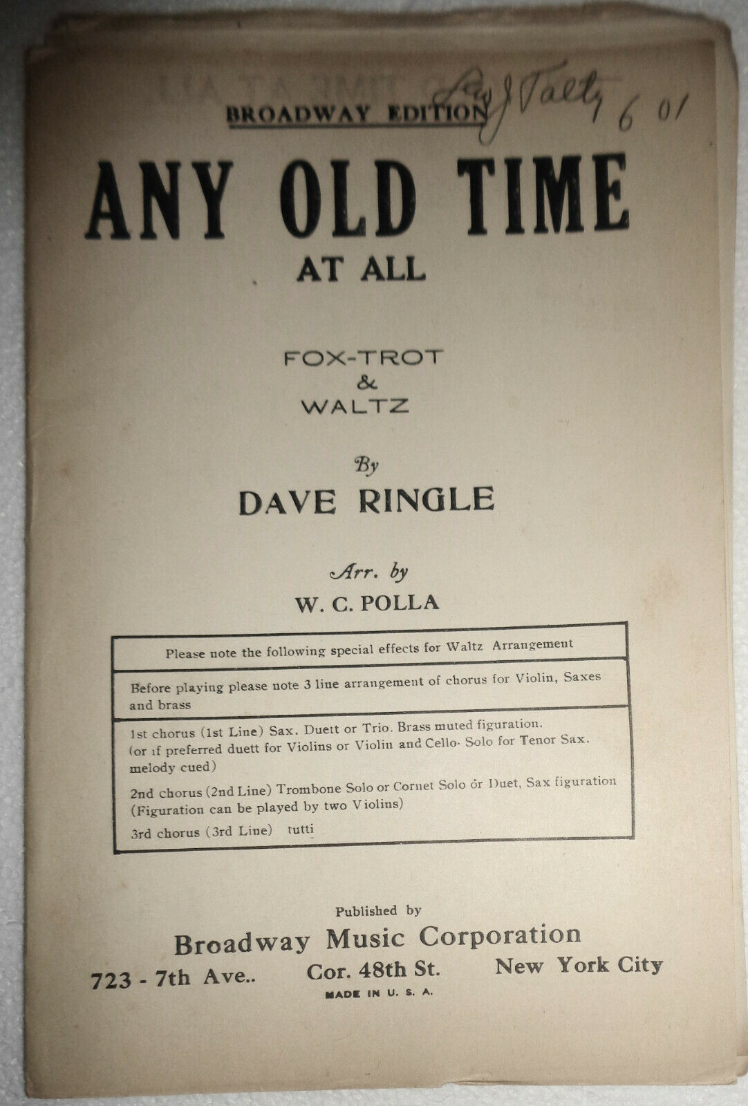 Any Old time at all, by Dave Ringle  - Arr. by W. C. Polla - 1924 for orchestra