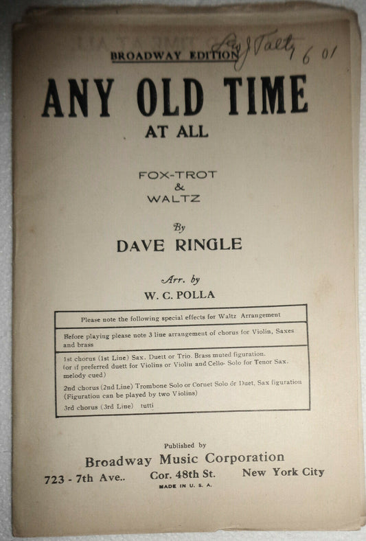 Any Old time at all, by Dave Ringle  - Arr. by W. C. Polla - 1924 for orchestra