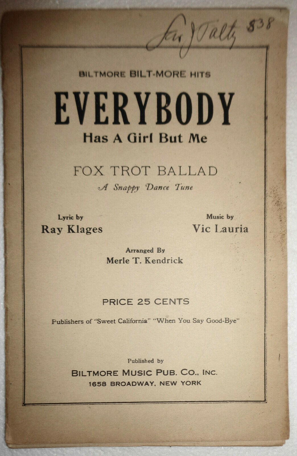 EVERYBODY HAS A GIRL BUT ME, by Ray Klages, Vic Lauria - 1925, For orchestra
