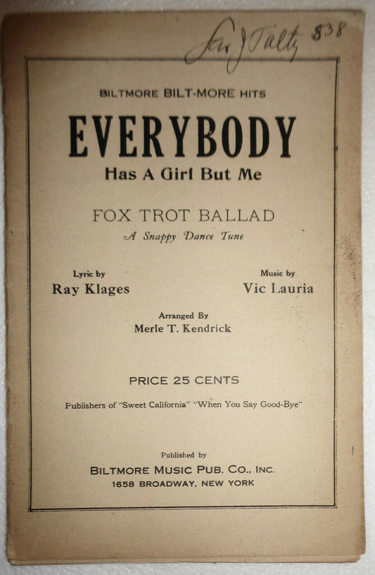 EVERYBODY HAS A GIRL BUT ME, by Ray Klages, Vic Lauria - 1925, For orchestra