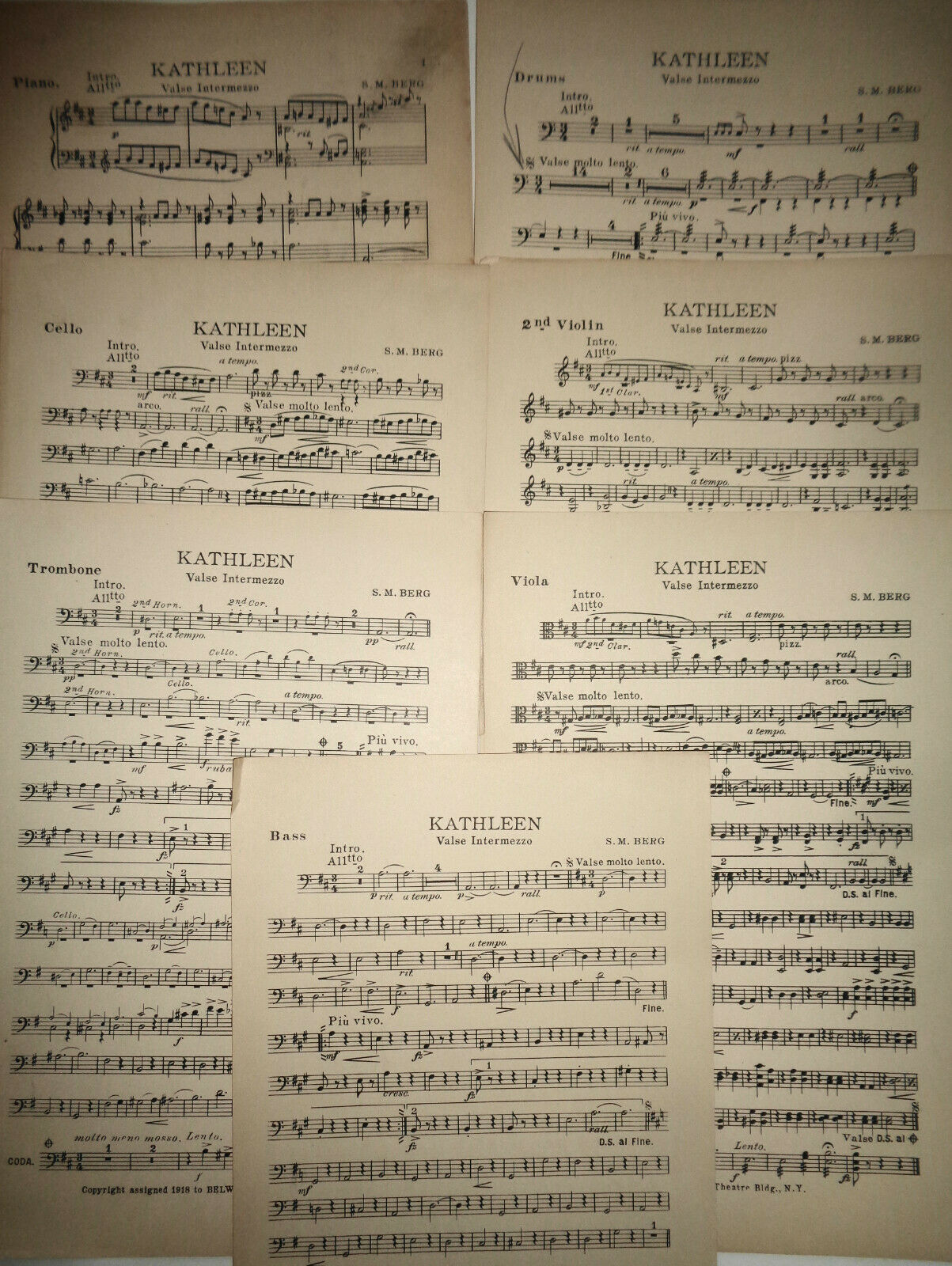 Kathleen : valse intermezzo, by S M Berg. 1918 orchestra score