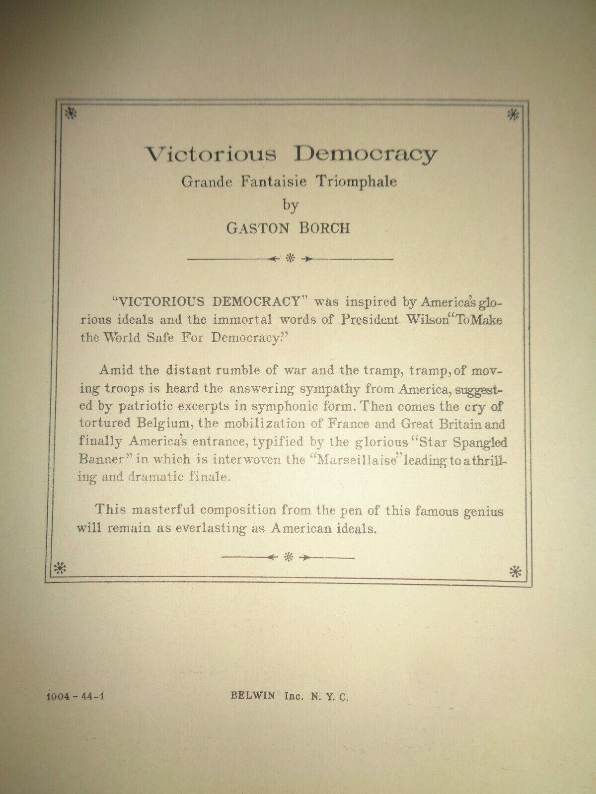 VICTORIOUS DEMOCRACY - BY GASTON BORCH - 1919 - FOR ORCHESTRA