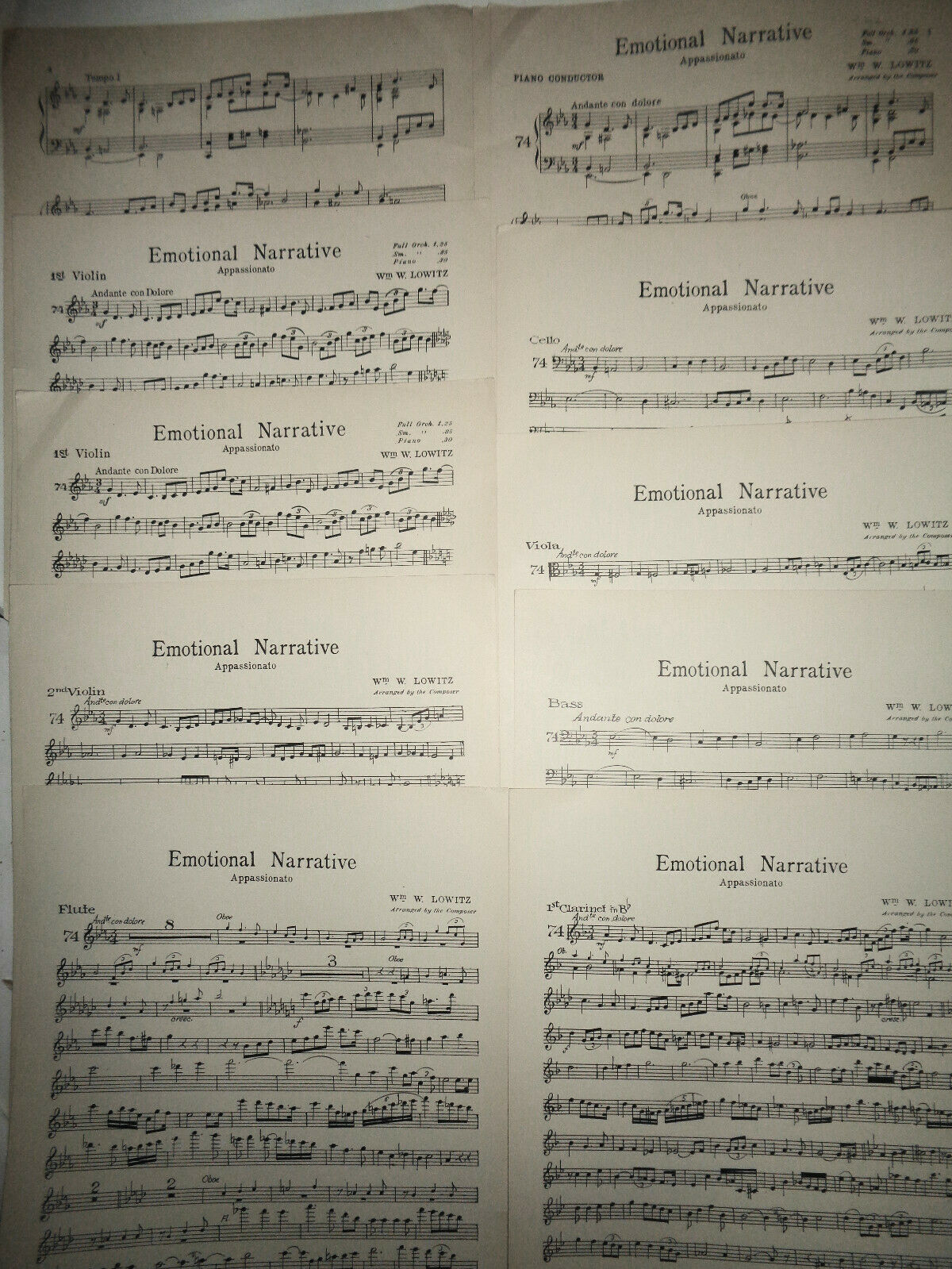 EMOTIONAL NARRATIVE - APPASSIONATO, BY Wm. W. LOWITZ -  1930 FOR ORCHESTRA
