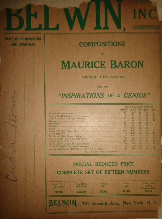 FLORETTA - CUBAN CAPRICE, BY PAUL HENNEBERG - 1920 SHEET MUSIC FOR ORCHESTRA