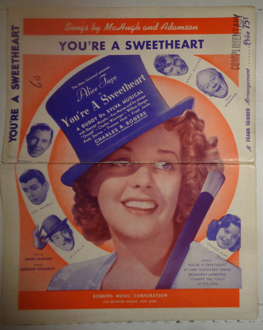 Alice Fay YOU'RE A SWEETHEART - SHEET MUSIC - SONGS BY McHUGH & ADAMSON - 1937