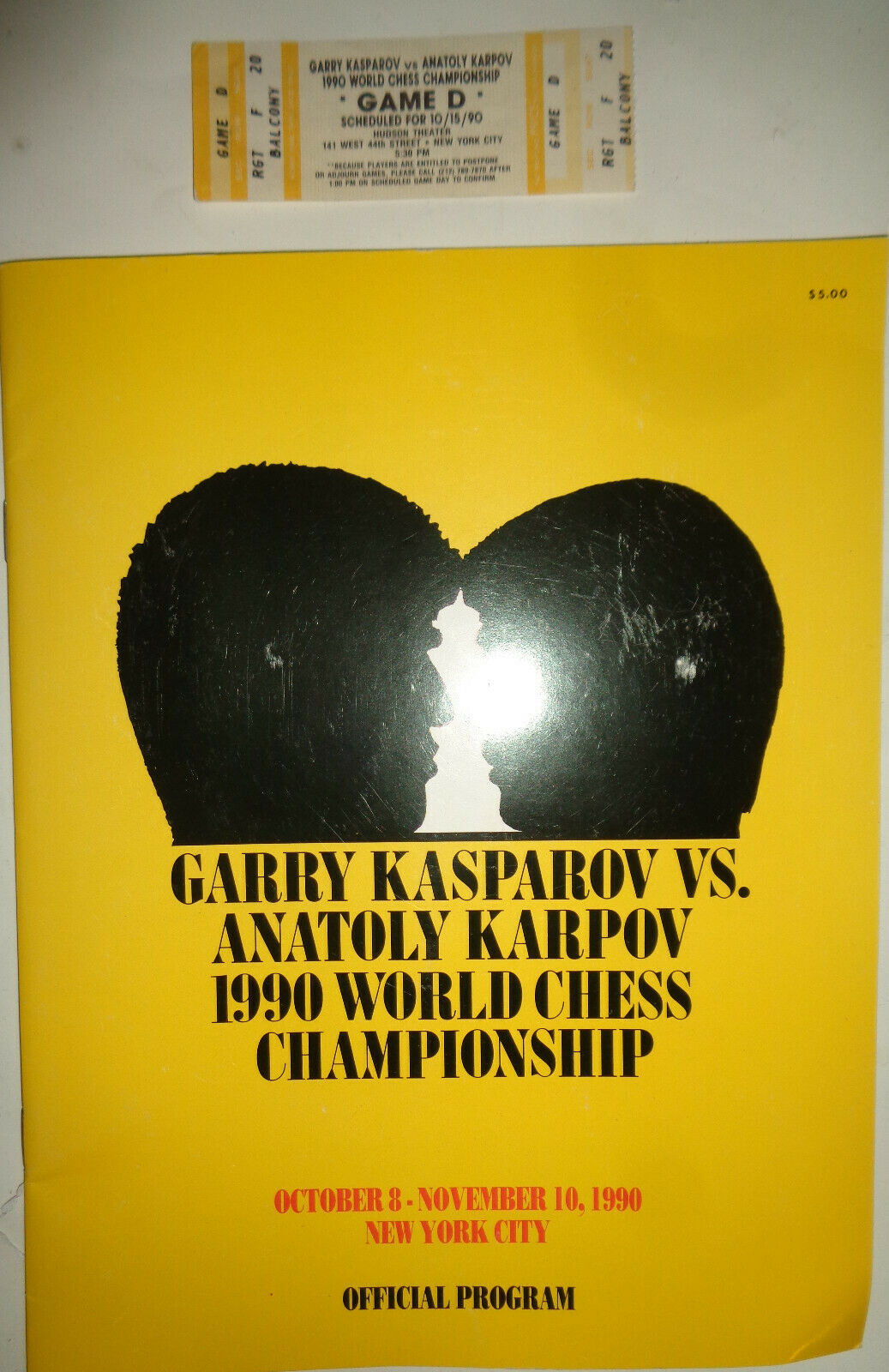 Ticket & Official Program: Kasparov vs Karpov, 1990 World Chess Championship, NY