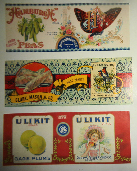 Lot of 3 Food can labels : Hamburgh Peas, Clark, Mason Corn, U Li Kit Gage Plums