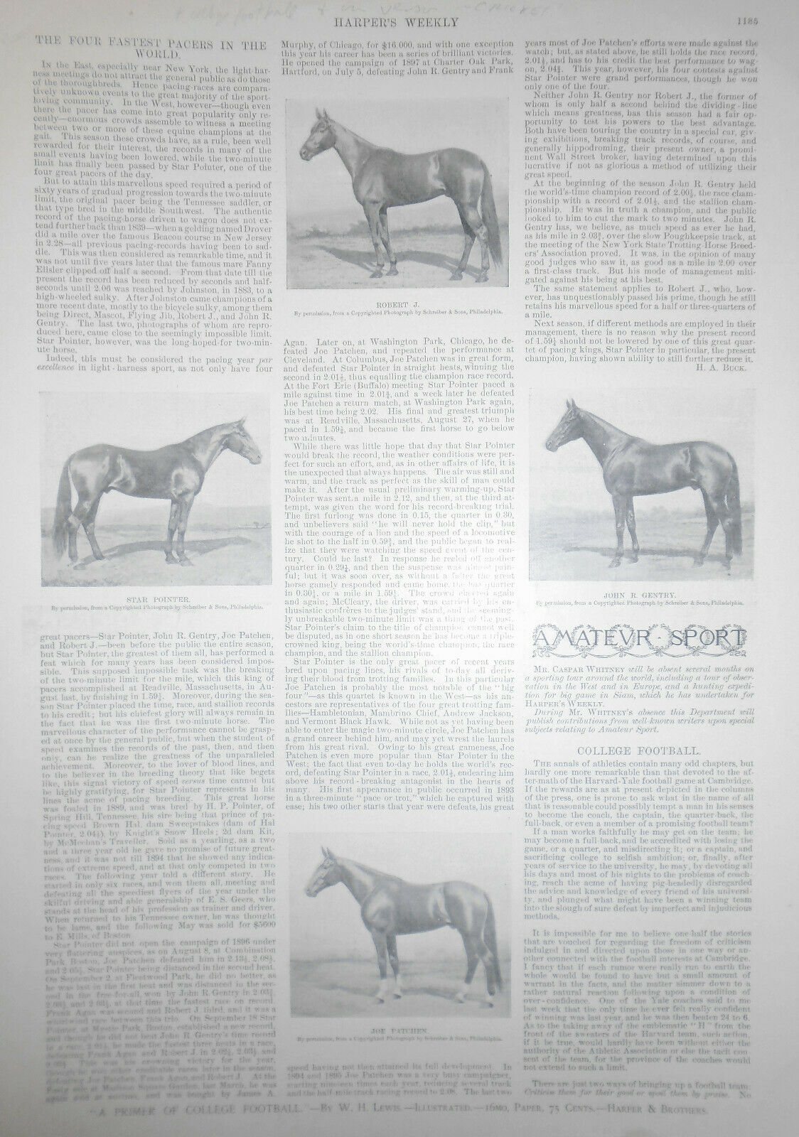 1897 Harper's Weekly: 4 Fastest Pacers In The World + Story On College Football
