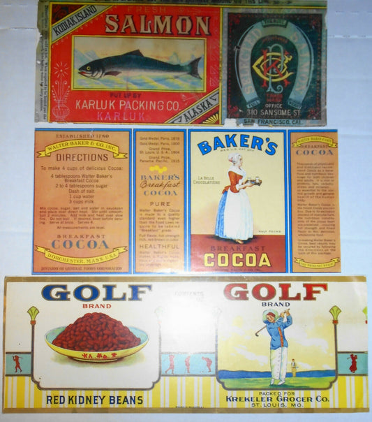 3 vintage Can labels : Golf Kidney Beans, Baker's Cocoa, Karluk Salmon (repro)