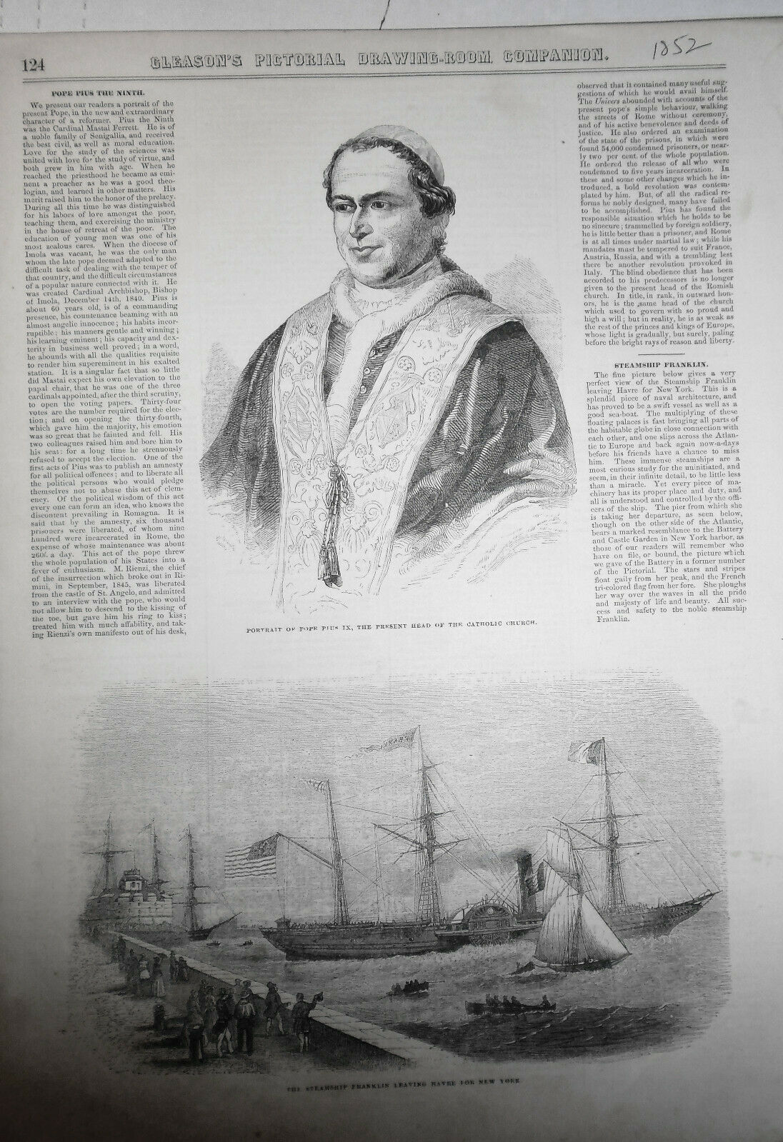 1852  Pope Pius IX  & Steamship Franklin leaving  Hayre -- 2 prints - Gleason's