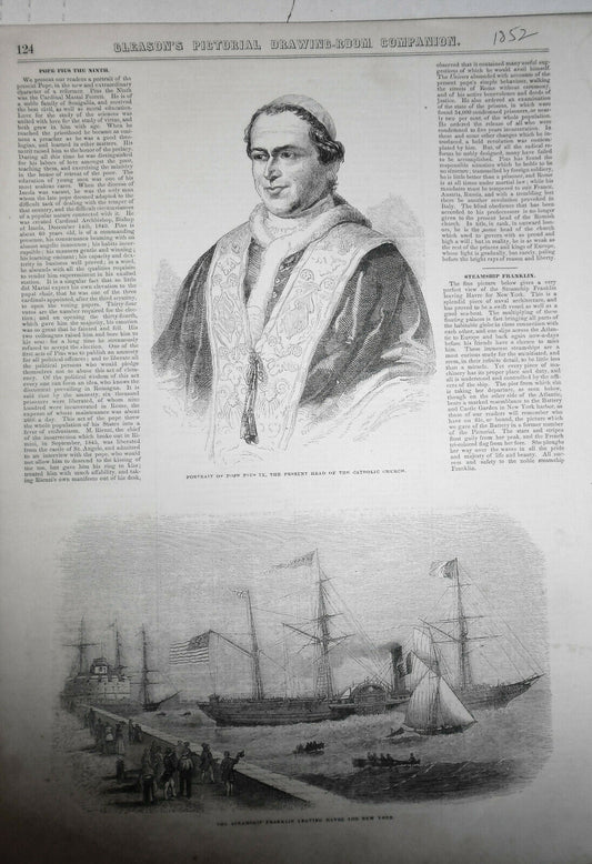 1852  Pope Pius IX  & Steamship Franklin leaving  Hayre -- 2 prints - Gleason's