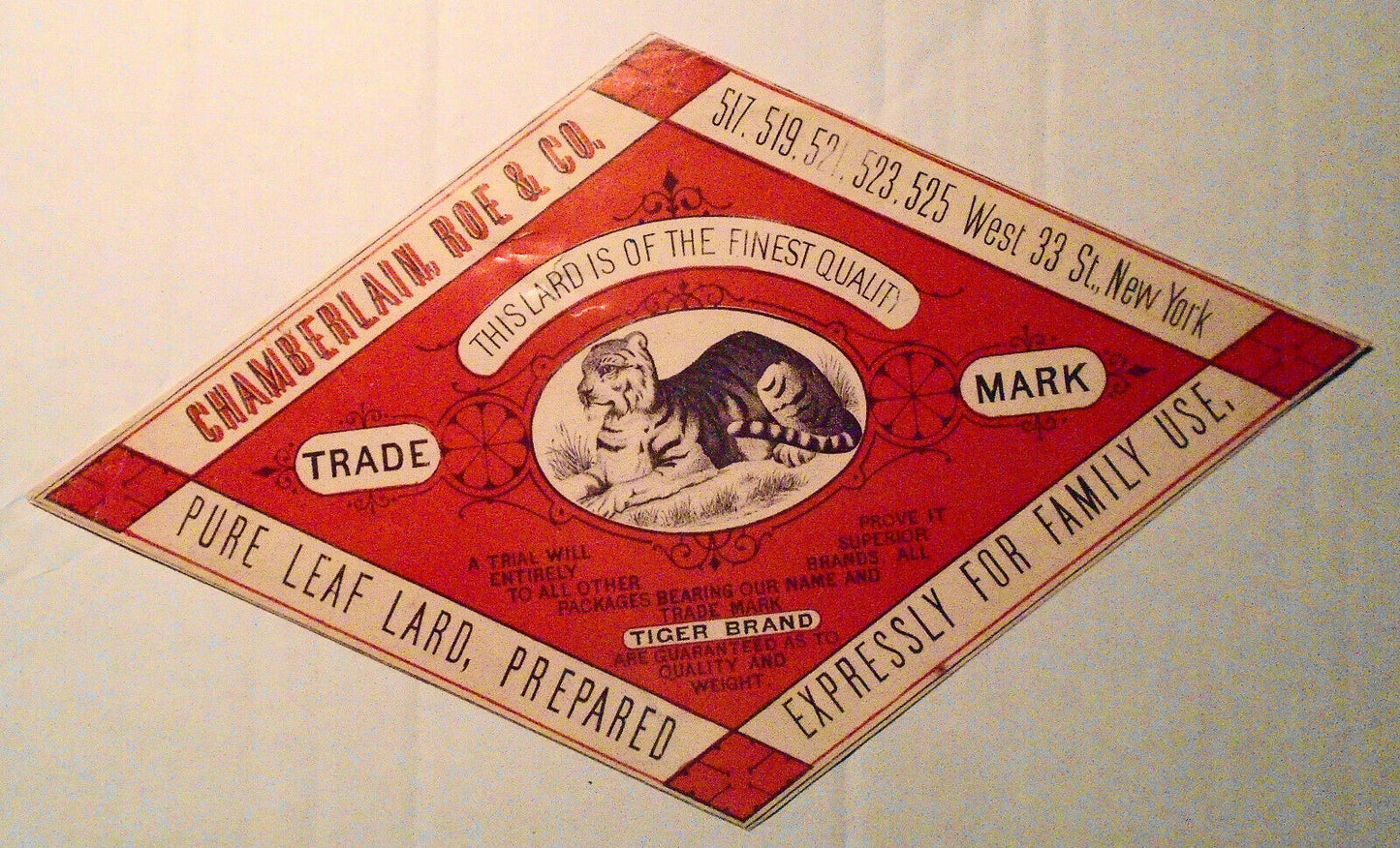 Pure Leaf Lard, Prepared - Can Label - Chamberlain, Roe & Co., NY.  Tiger Brand