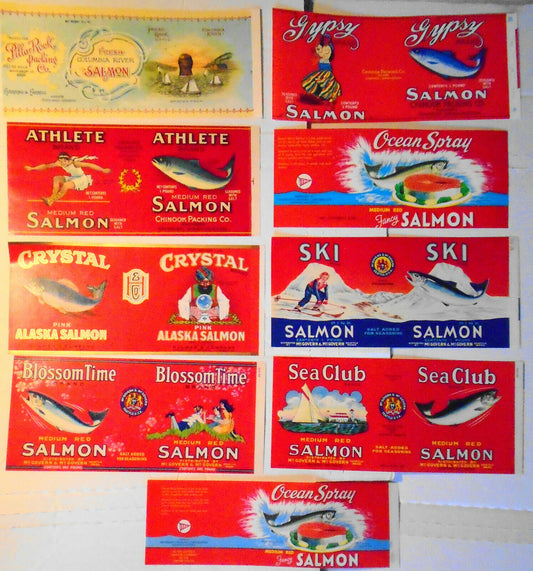 Lot of 9 original vintage Salmon can labels: - Fine