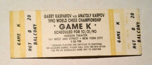 Ticket : Kasparov Vs Karpov, 1990 World Chess Championship, Ny