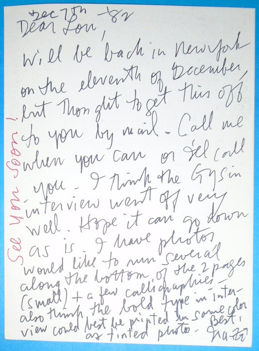 Ira Cohen handwritten note, signed - to Lou Stathis. 1982.