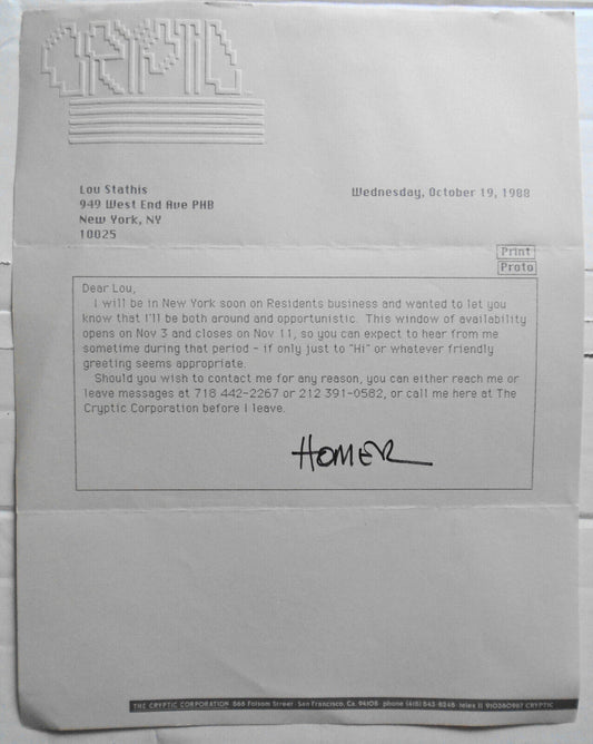Homer Flynn SIGNED letter, 1988 - Residents band co-founder