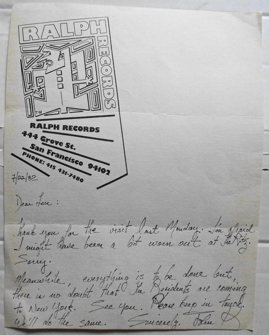 John  Kennedy SIGNED letter 1982 - original member of The Residents.