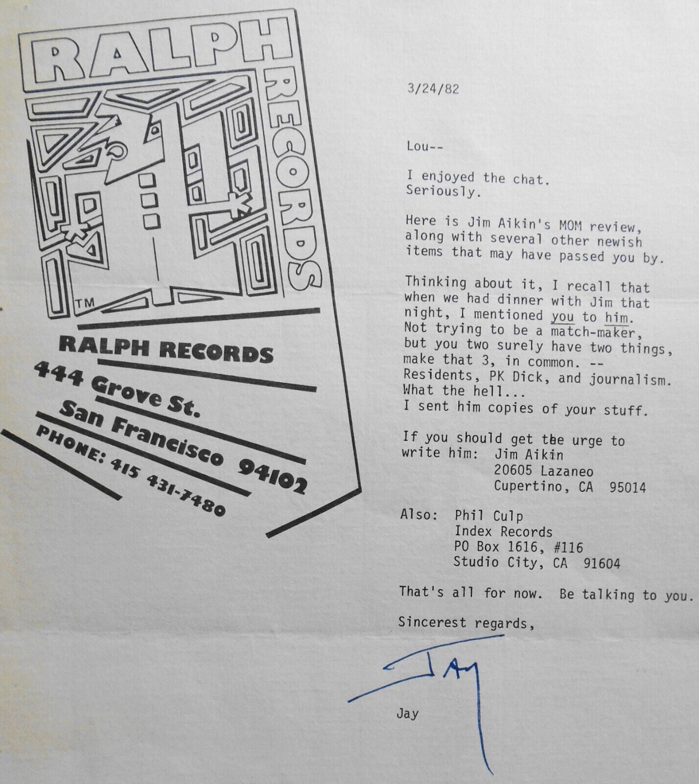 Jay Clem SIGNED letter 1982 - original member of The Residents.