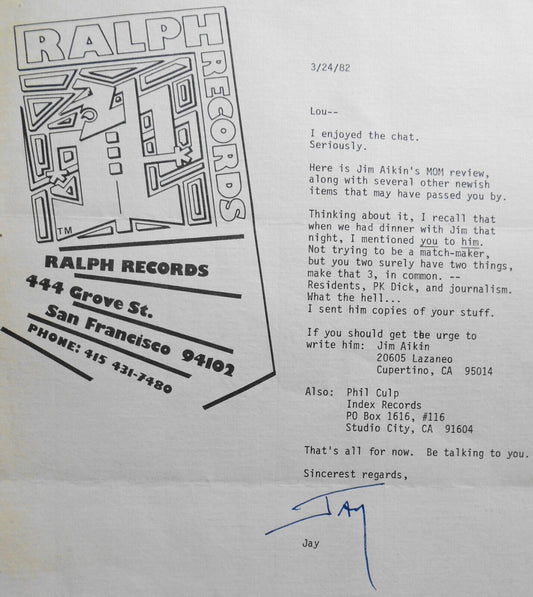 Jay Clem SIGNED letter 1982 - original member of The Residents.