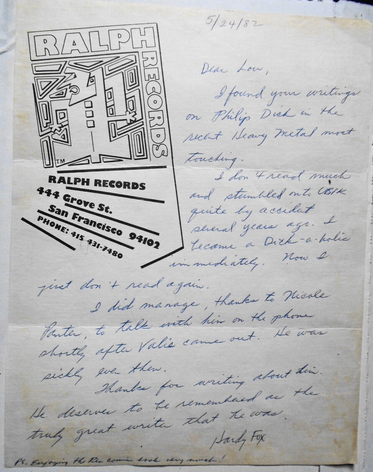 Hardy Fox SIGNED handwritten, 1982 - Residents co-founder - The Godfather Of Odd