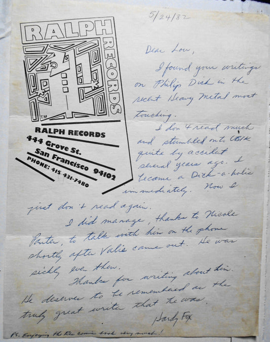 Hardy Fox SIGNED handwritten, 1982 - Residents co-founder - The Godfather Of Odd