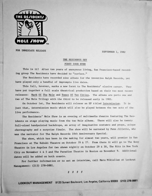 The Residents, first tour ever - Press Release for The Mole Show, Sept. 1, 1982