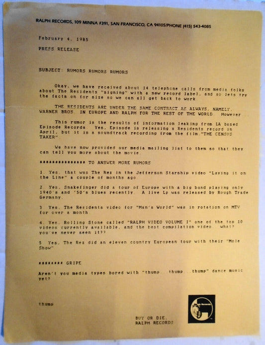 The Residents, Ralph Records Press Release addressing "Rumors". Feb 4, 1985