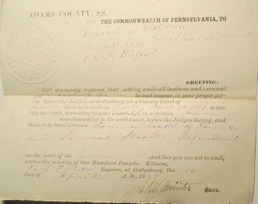 1869 Gettysburg Pennsylvania Judges Subpoena for Samuel Sheads prosecution