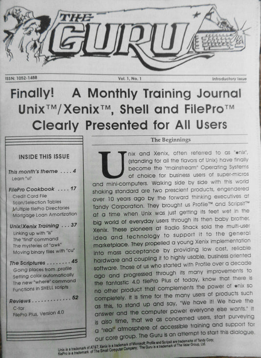 The Guru, Vol. 1, No. 1 - Introductory Issue - Journal for UNIX / XENIX Users