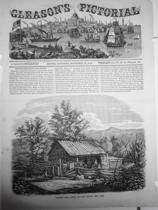 Cottage Near Hague, On Lake George, New York - Story & Print -- Gleason's 1854