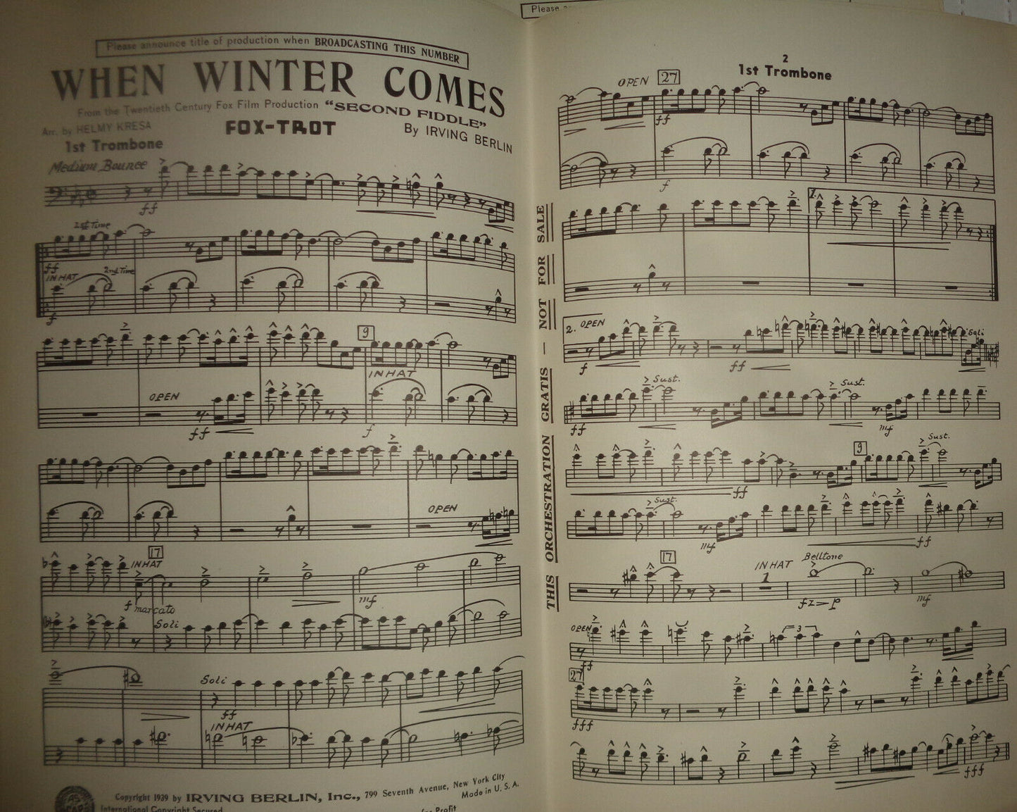 WHEN WINTER COMES - FOX TROT - SHEET MUSIC FOR ORCHESTRA - 1939