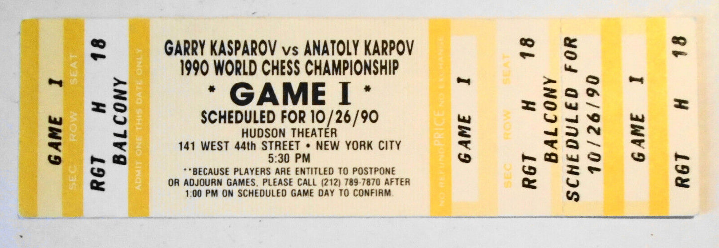 Ticket : Kasparov vs Karpov, 1990 World Chess Championship, NY