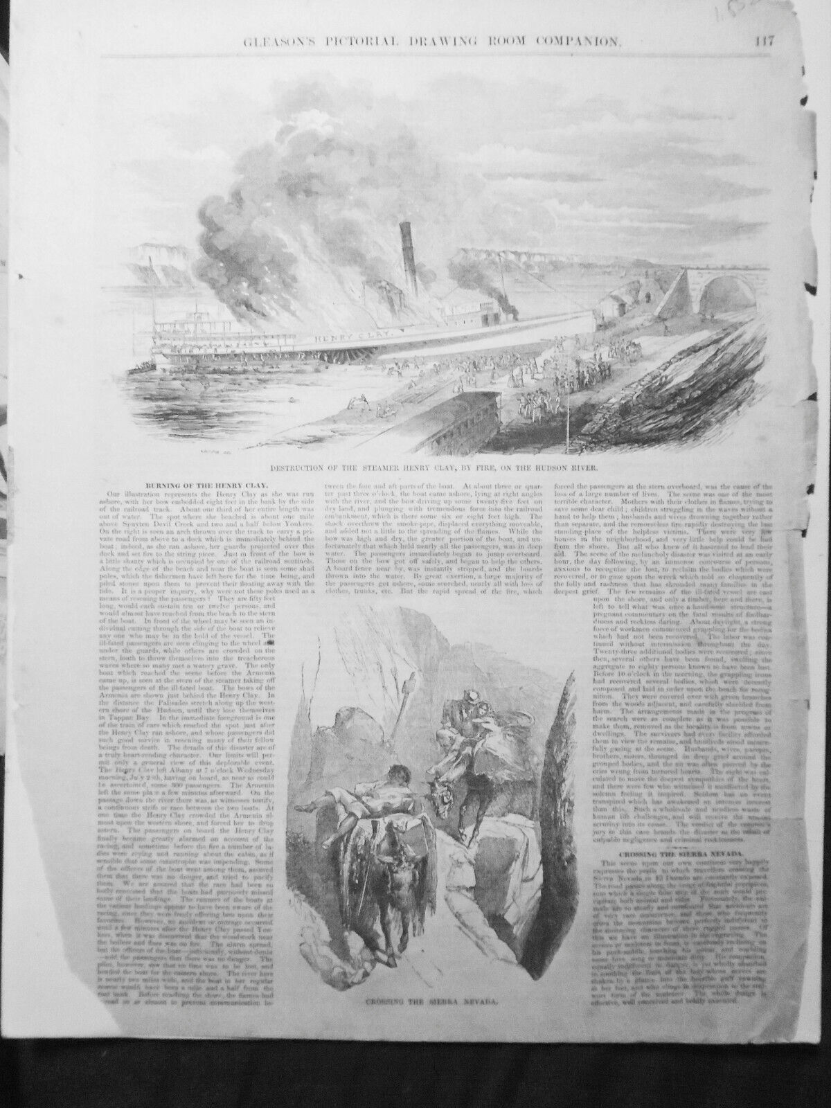 Burning Of The Steamer Henry Clay / Crossing the Sierra Nevada - Gleason's 1852