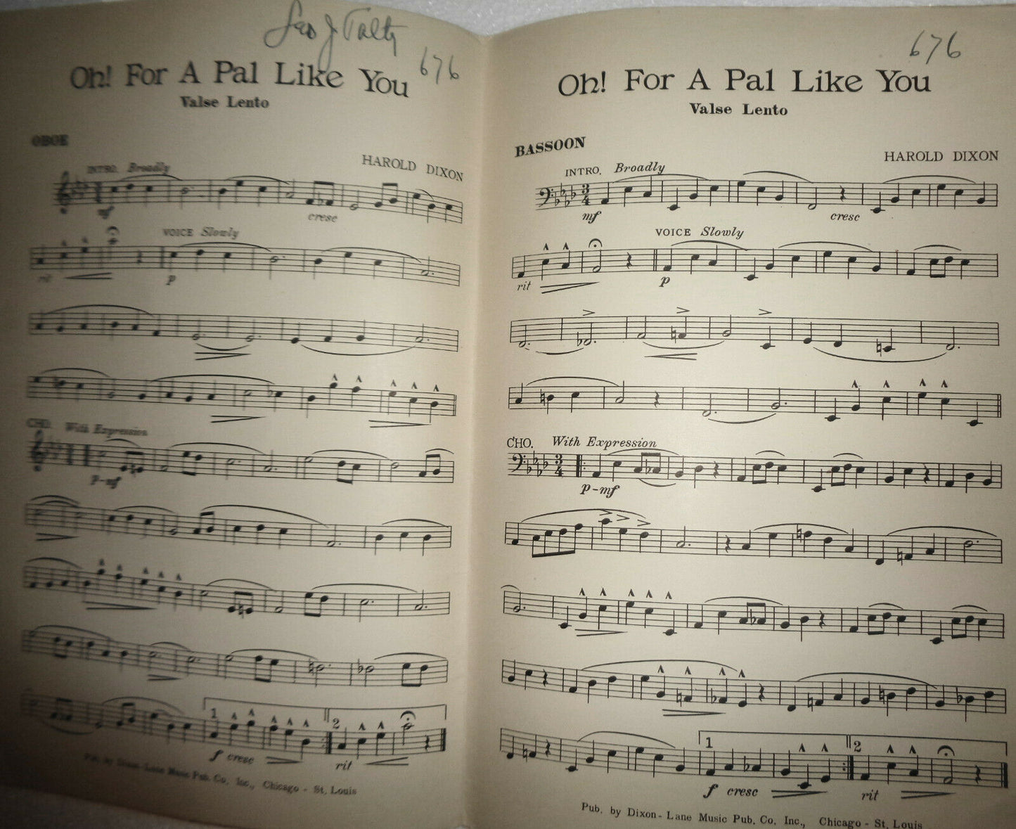Oh, for a pal like you, Valse Lento, by Harold Dixon - 1924 for orchestra