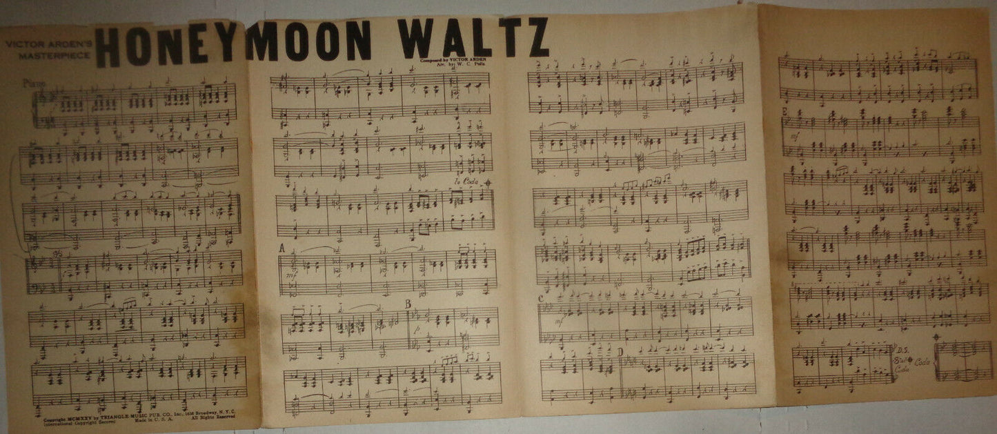 HONEYMOON WALTZ by Victor Arden - SHEET MUSIC FOR ORCHESTRA - 1925