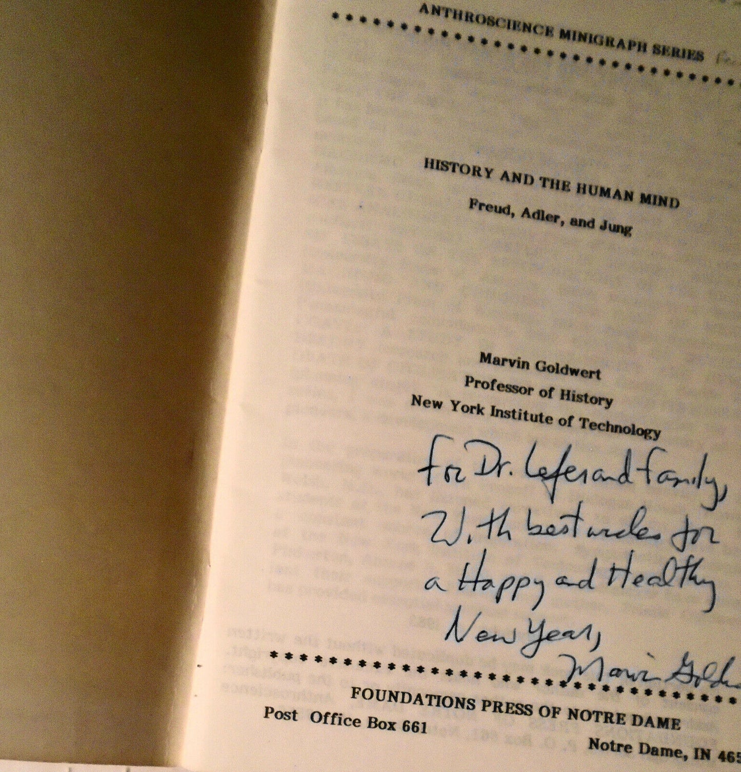 History and the human mind : Freud, Adler, and Jung, by Marvin Goldwert [SIGNED]