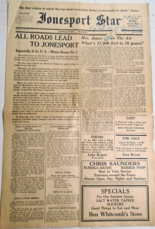 Jonesport Star, July 12, 1930 - New road signs - publicity for Jonesport, Maine