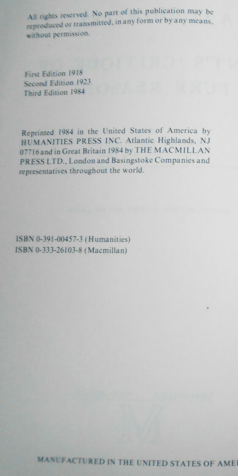 A Commentary to Kant's 'Critique of Pure Reason', by Norman Kemp Smith, 1984 HC.