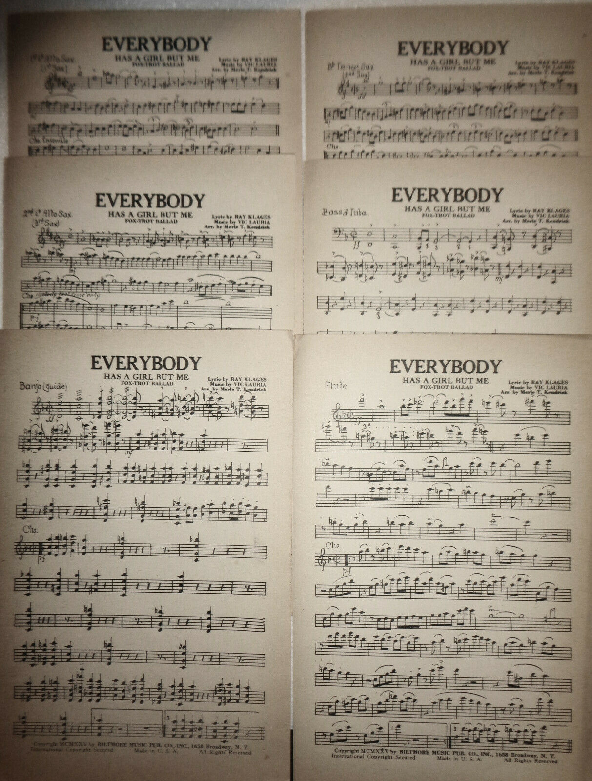 EVERYBODY HAS A GIRL BUT ME, by Ray Klages, Vic Lauria - 1925, For orchestra