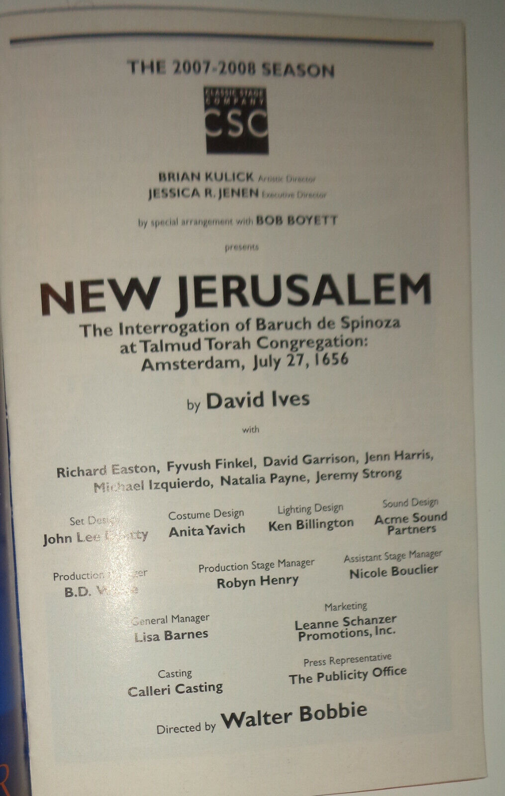NEW JERUSALEM - PLAYBILL - FEBRUARY 2008 - CLASSIC STAGE COMPANY, NYC