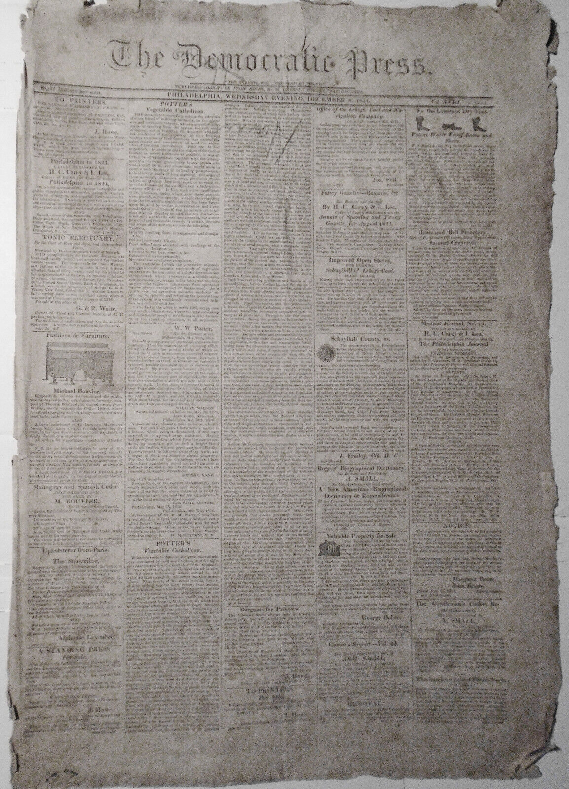 The Democratic Press, Philadelphia, December 8, 1824. Runaway slave rewards ad.