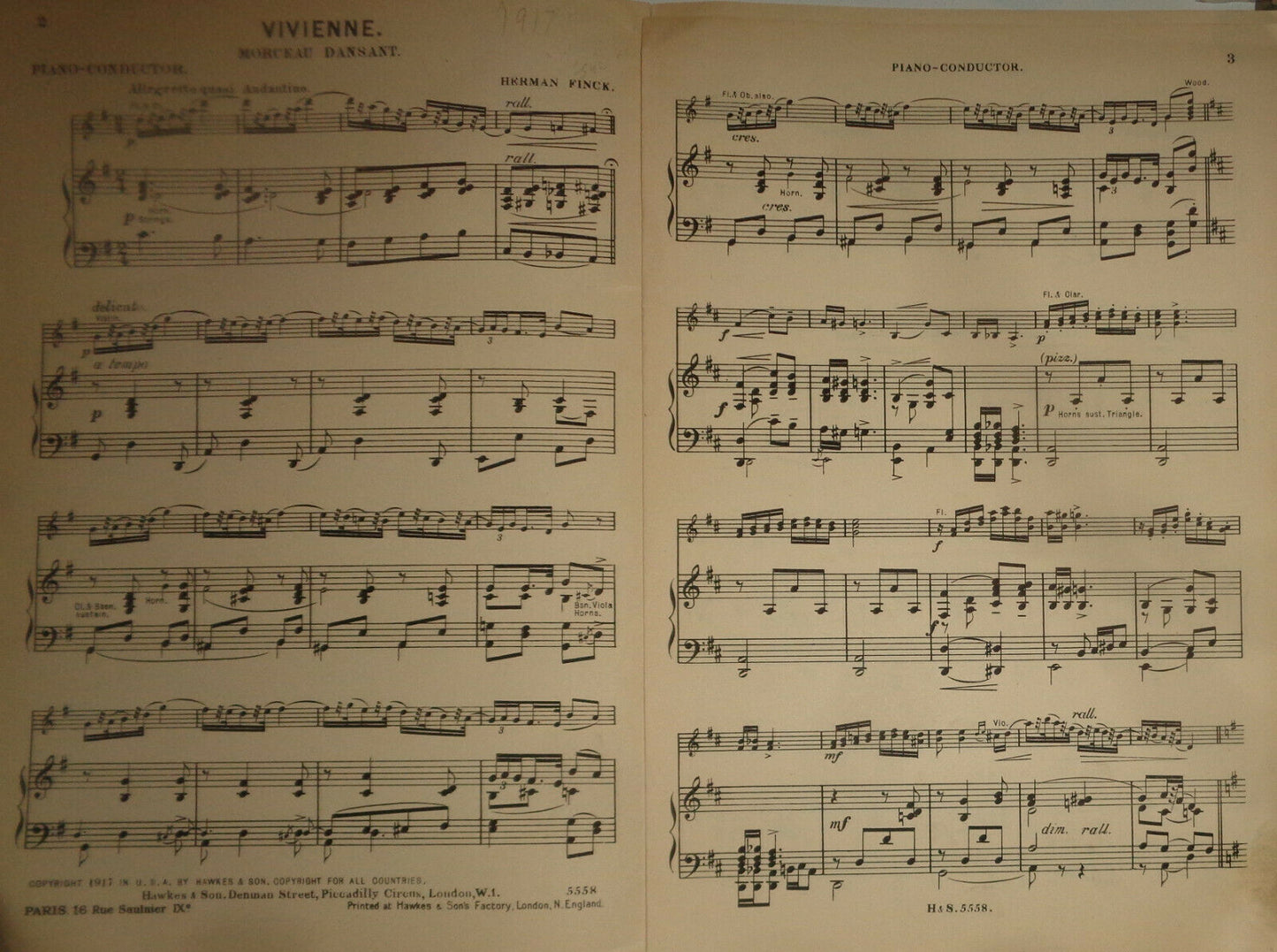 VIVIENNE : MORCEAU DANSANT - SHEET MUSIC FOR ORCHESTRA, BY HERMAN FINCK - 1917