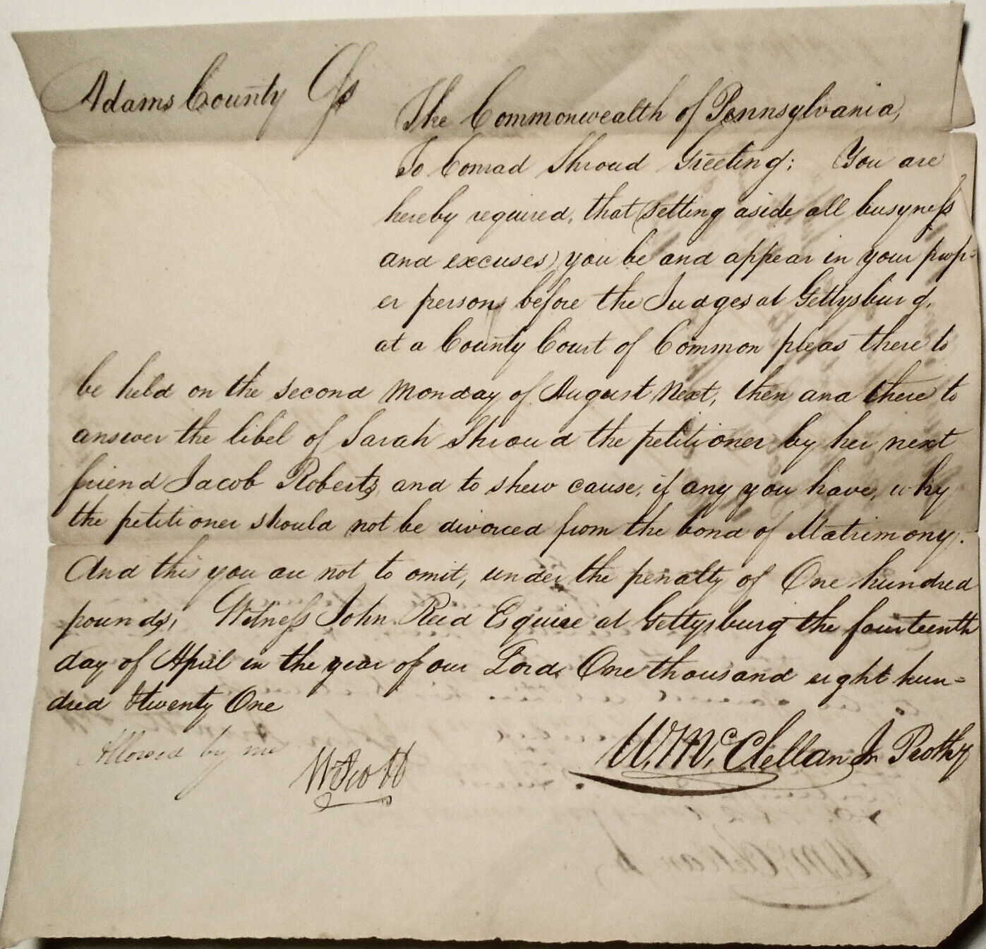 1821 Gettysburg Pennsylvania, Subpoena of Conrad Shroud - Divorce and Libel case