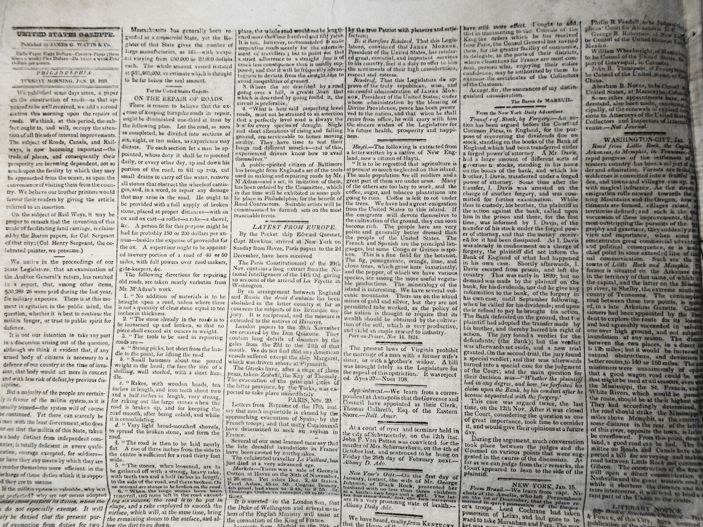 United States Gazette, January 18, 1825 - Guilty of intent to kill runaway slave