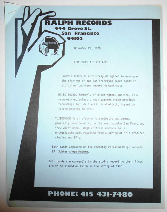 1979 Ralph Records Press Release :  The Residents, MX-80 Sound, Tuxedomoon