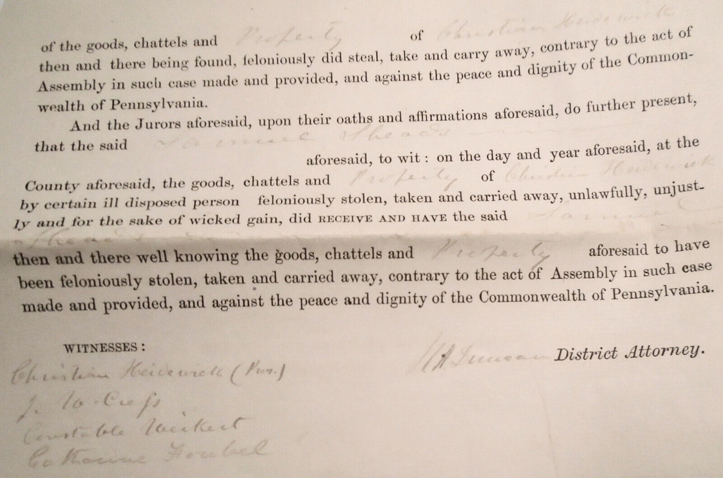 1867 Guilty Plea of Samuel Sheads for Stealing , Adams County PA Grand Inquest