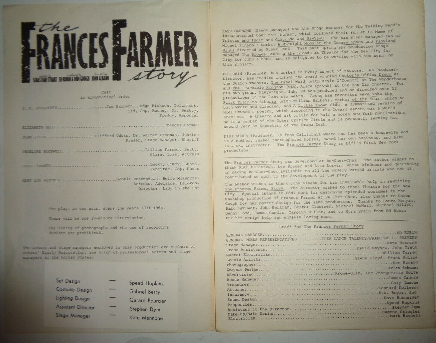 THE FRANCES FARMER STORY - SOUVENIR PROGRAM - 1982 - Chareeva Theater, NYC